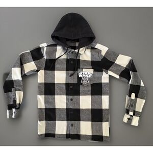 Mens SM Star Wars Darth Vader Hooded Flannel Shirt Jacket Plaid Black Gray Check
